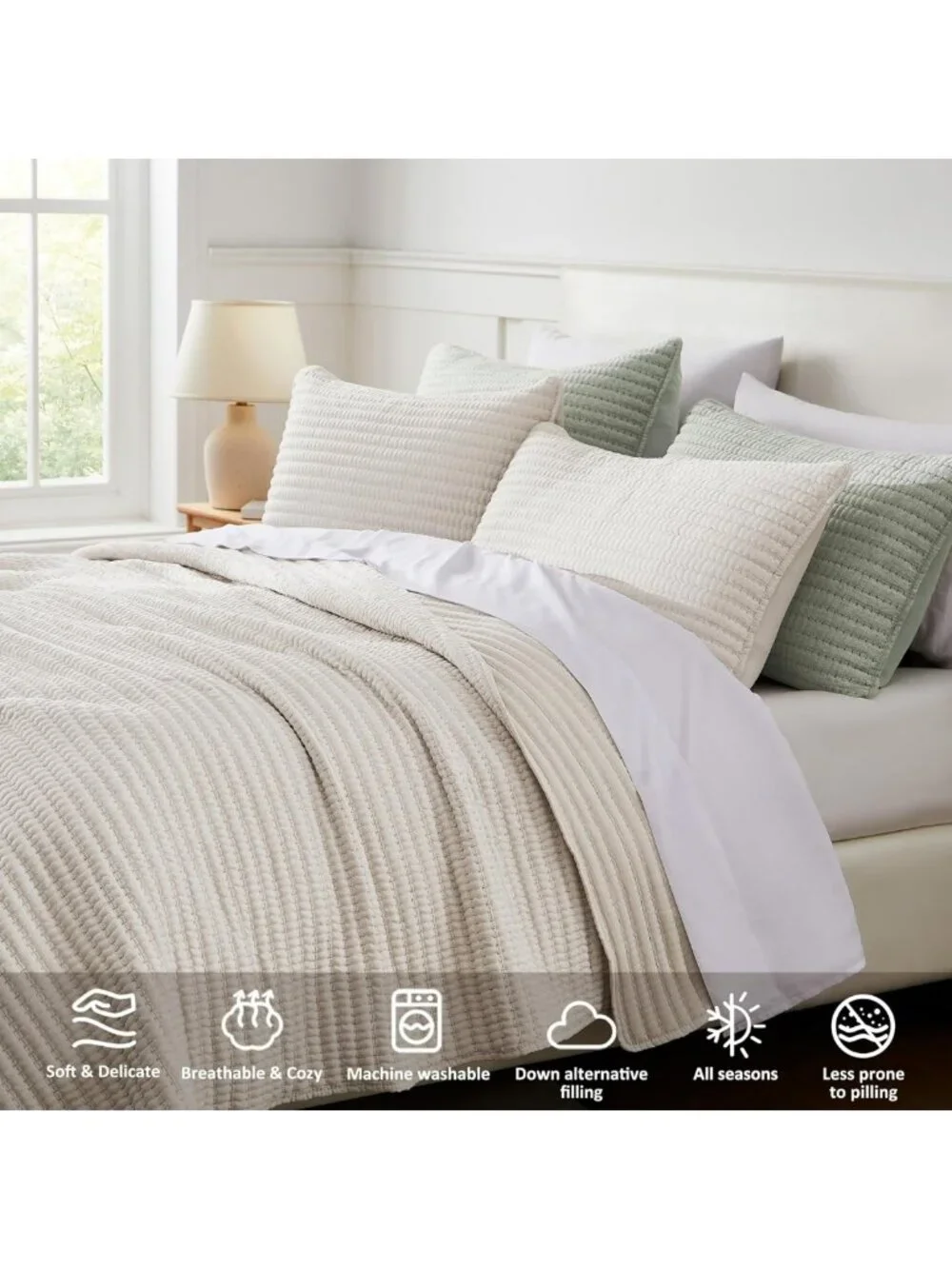 Beige Pick Stitch Queen Quilt Set - Lightweight Striped Summer Bedspread, Rustic